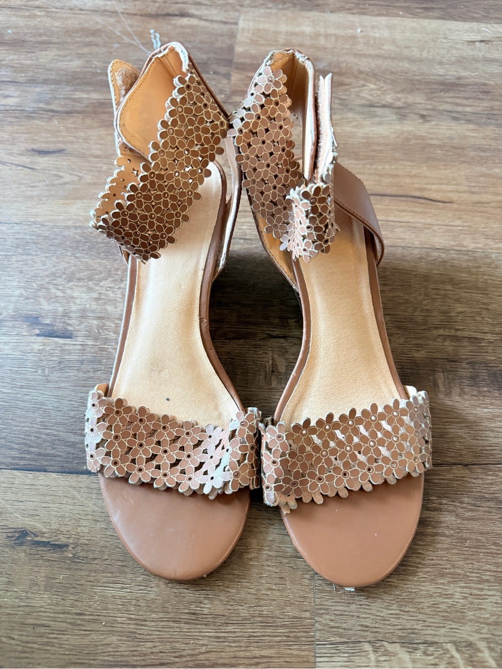 XOXO Tan Floral Laser-Cut Wedge Sandals